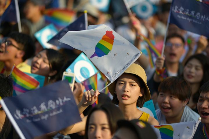 People take part in a rally in support of same-sex marriage near the Presidential Office in Taipei on November 18, 2018, ahead of a landmark vote on LGBT rights on November 24.