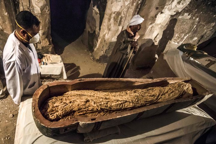 The sarcophagus discovered by a French mission at Al-Assasif necropolis on the west bank of the Nile north of the southern Egyptian city of Luxor.