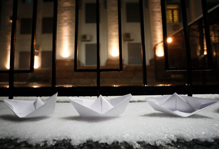 Paper boats are seen placed during a protest against the seizure by Russian special forces of three of the Ukrainian navy ships, which Russia blocked from passing through the Kerch Strait into the Sea of Azov in the Black Sea, in front of the Russian embassy in Kiev, Ukraine November 25, 2018.
