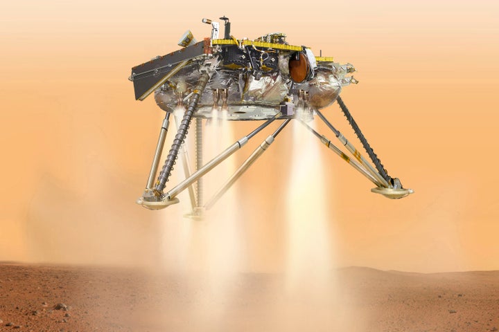 This illustration shows NASA's InSight lander about to touch down on the surface of Mars.