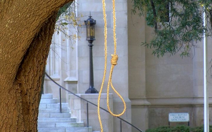 In this photo provided by WLBT-TV, a noose hangs on a tree on the state capitol grounds in Jackson, Mississippi, on Nov. 26, 2018.