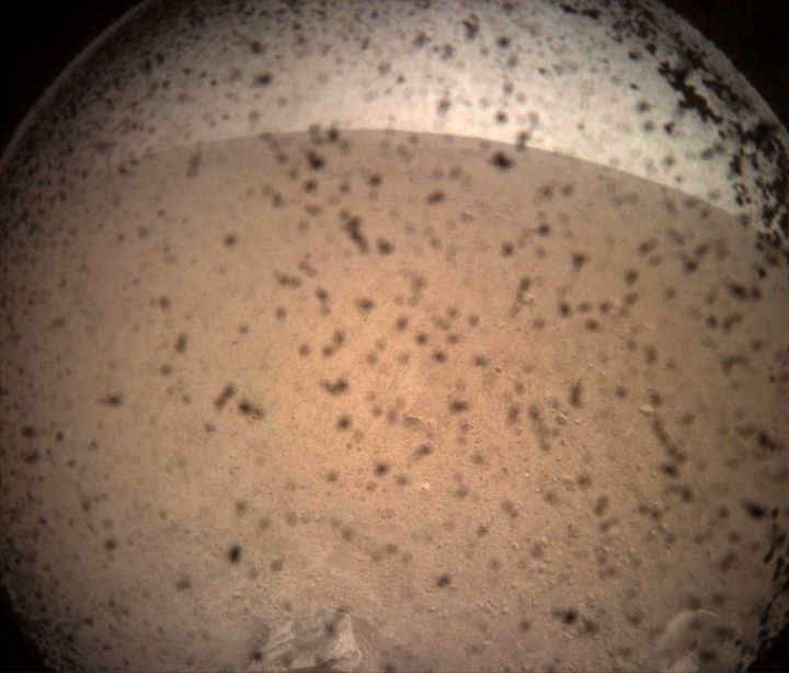 NASA's InSight Mars lander acquired this image of the area in front of the lander using its lander-mounted, Instrument Context Camera (ICC) with the ICC image field of view of 124 x 124 degrees,.