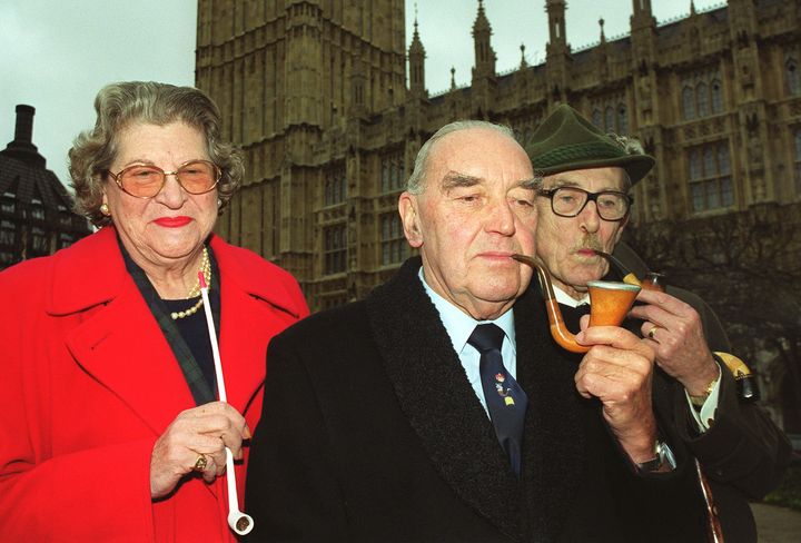 Members of the Lords and Commons Pipe and Cigar Smokers Club - including Baroness Trumpington - light up to mark national no-smoking day before going for their annual lunch.