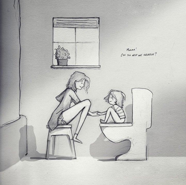 "엄마! 힘주는 거 도와줄래요?"