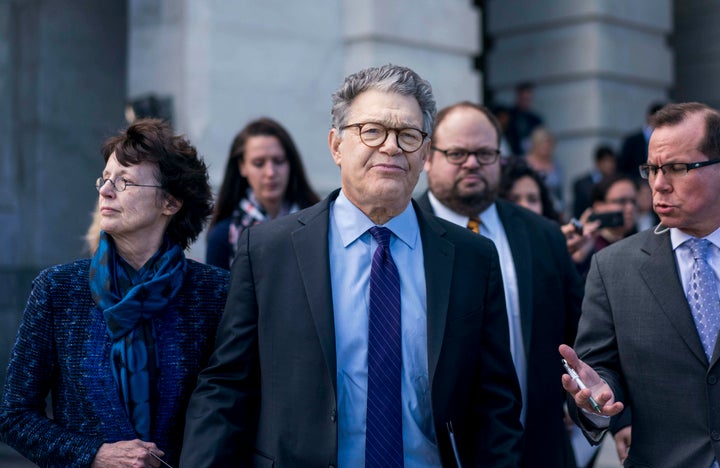 Sen. Al Franken leaves the Senate floor after resigning on Dec. 7, 2017. 