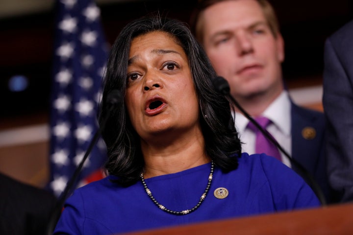 Rep. Pramila Jayapal (D-Wash.) speaks about revelations about President Donald Trump's involvement with Russia on Capitol Hill on May 17, 2017.