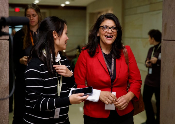 Rep.-elect Rashida Tlaib (D-Mich.) walks with a reporter on Capitol Hill on Nov. 15, 2018. Tlaib is seeking a spot on the House Appropriations Committee.