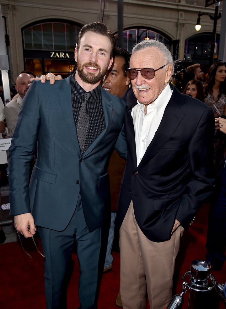 Chris Evans and executive producer Stan Lee attend the premiere of Marvel's "Captain America: Civil War" on April 12, 2016, i