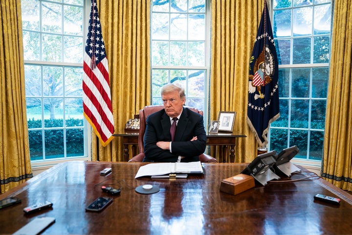 President Donald J. Trump speaks during an interview with Washington Post reporters Philip Rucker and Josh Dawsey in the Oval
