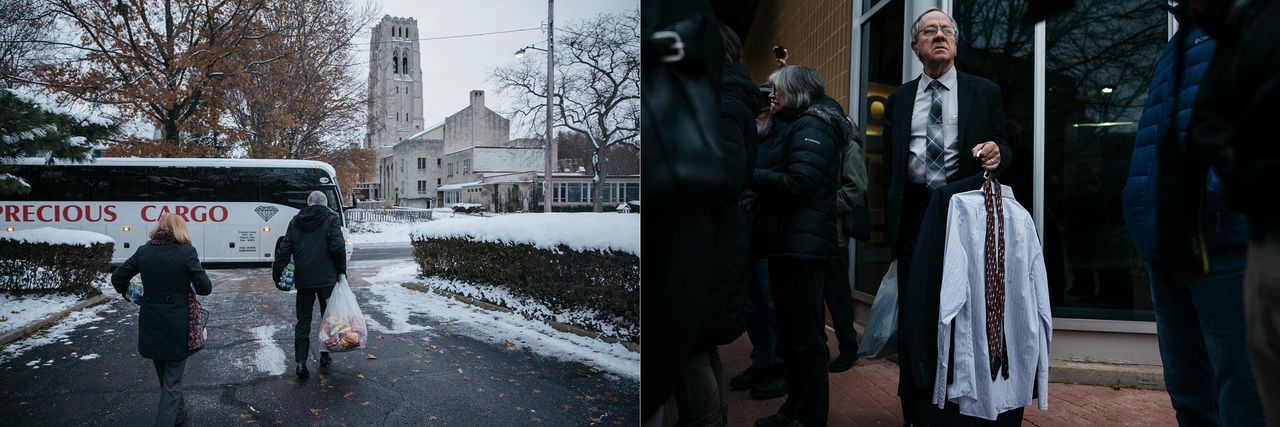 Left: Gary Benjamin, center, brings bags full of chips and sandwiches onto the bus before departing from Saint Paul's Episcopal Church in Cleveland Heights, Ohio. Right: Gary Benjamin looks on as he holds the extra clothes he and his wife, Melody Hart, brought Ansly Damus, after a continuance was issued in his asylum case. 