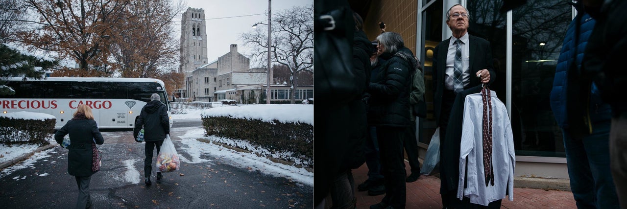 Left: Gary Benjamin, center, brings bags full of chips and sandwiches onto the bus before departing from Saint Paul's Episcopal Church in Cleveland Heights, Ohio. Right: Gary Benjamin looks on as he holds the extra clothes he and his wife, Melody Hart, brought Ansly Damus, after a continuance was issued in his asylum case. 