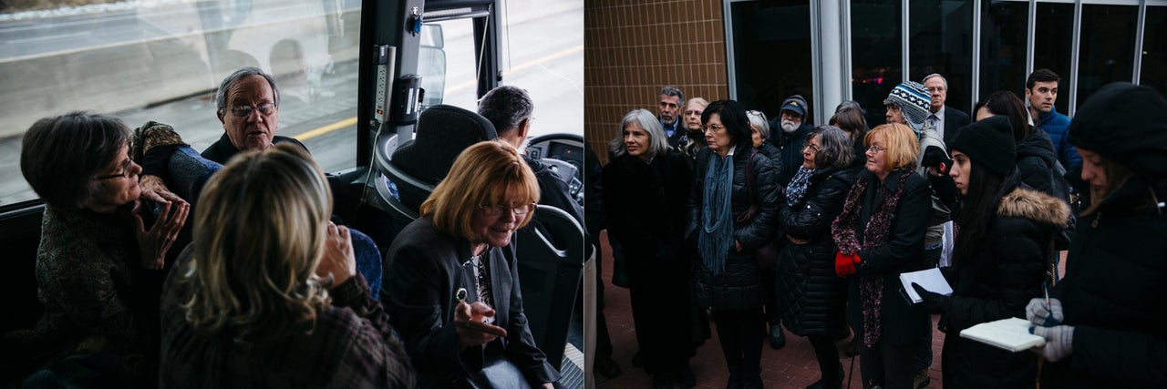 Left: Gary Benjamin and Melody Hart talk with others on the bus ride from Cleveland Heights, Ohio, to Ann Arbor, Michigan. Right: The ACLU addresses a group of about 30 people to travel from Cleveland Heights, Ohio, to Ann Arbor, Michigan, to show their support for detained asylum-seeker Ansly Damus.