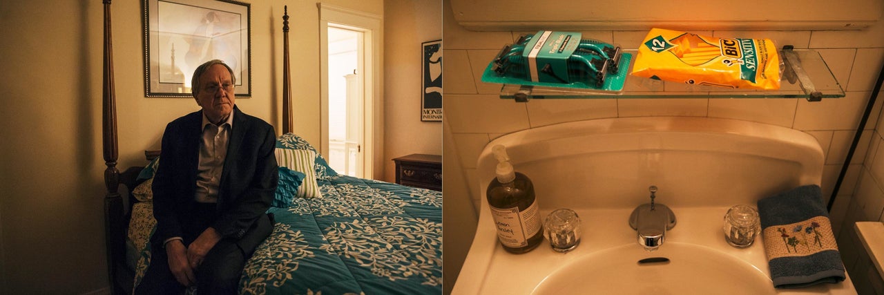 Left: Gary Benjamin sits on the bed that would have belonged to Ansly Damus had the asylum-seeker been freed. Right: Two kinds of razors meant for Ansly Damus rest on a mantel above the sink in Gary Benjamin and Melody Hart's home in Cleveland Heights, Ohio.