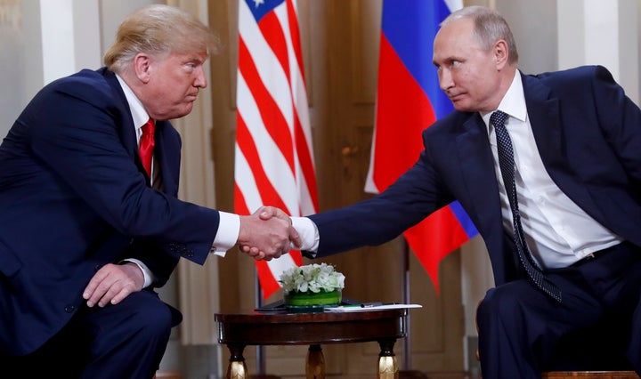 President Donald Trump's last sit-down meeting with Russian President Vladimir Putin was in Finland in July, pictured. Trump on Thursday said he looks forward to meeting with Putin as soon as the Russia-Ukraine situation is resolved.