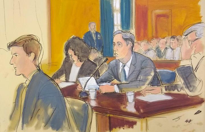 In this courtroom sketch, Michael Cohen (center) reads a statement in federal court in New York on Nov. 29, 2018.