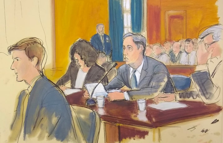 In this courtroom sketch, Michael Cohen (center) reads a statement in federal court in New York on Nov. 29, 2018.