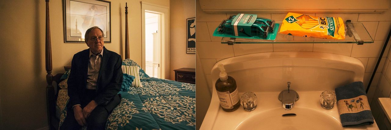 Gary Benjamin and Melody Hart agreed in January to act as Damus' sponsors. Left: Benjamin sits on the bed that is waiting for Damus. Right: Two kinds of razors meant for Damus rest on a shelf above the sink in Benjamin and Hart's home in Cleveland Heights, Ohio.