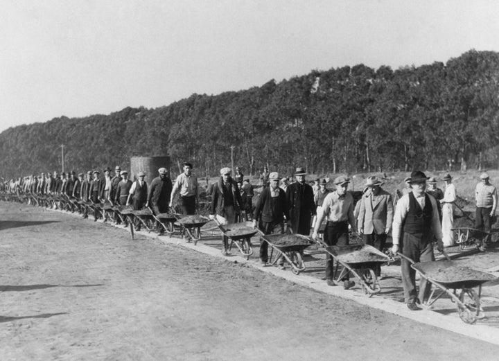 Civil Works Administration workers during the construction of the Lake Merced Parkway Boulevard in San Francisco in 1934.