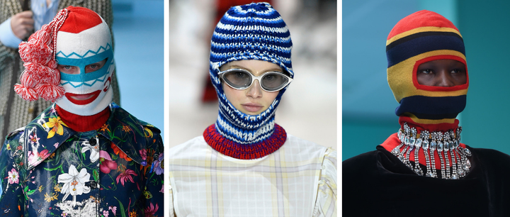 Balaclavas seen at Gucci (left and far right) and Calvin Klein (middle). 