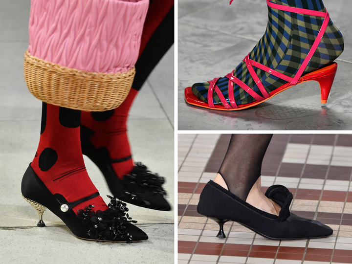 Clockwise from left: kitten heels at Miu Miu, Molly Goddard and Acne Studios.