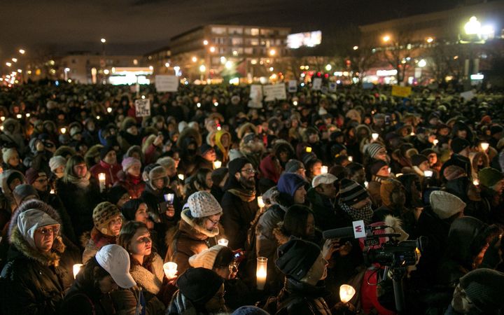 A vigil in Montreal for the victims of a Quebec City mosque shooting that left six people dead in January 2017. The number of reported hate crimes against Muslims in the country rose a staggering 151 percent from 2016 to 2017.