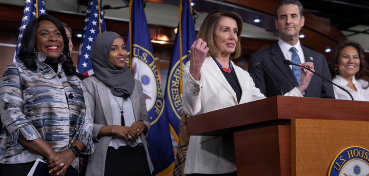 House Minority Leader Nancy Pelosi, center, is joined by fellow Democrats, from left, Rep. Terri Sewell of Alabama, Rep.-elect Ilhan Omar of Minnesota, Rep. John Sarbanes of Maryland and Rep.-elect Veronica Escobar of Texas at a news conference Friday to discuss their priorities for the 116th Congress.