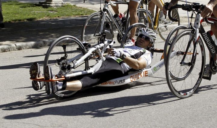 A disabled cyclist pictured during a trip from London to Tokyo (file photo).