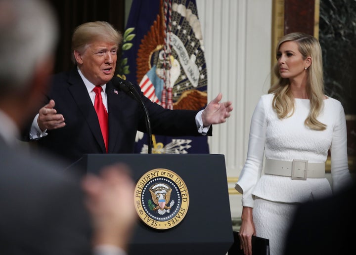 President Donald Trump speaks at the Interagency Task Force to Monitor and Combat Trafficking in Persons as his daughter Ivan