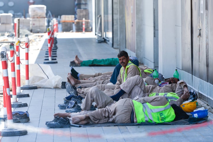 Construction workers in Dubai. According to the International Labor Organization, three-quarters of workers engaged in forced labor are exploited in their home countries.