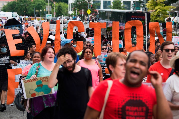 Low-income tenants, housing advocates and community leaders protest the Trump administration's proposed cuts to federal housing programs in Washington, D.C., on July 12, 2017.