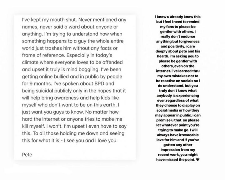 Ariana posted her statement alongside a screengrab of Pete's