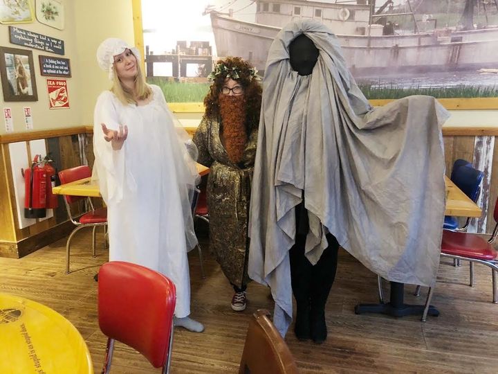 Becky (centre) with Christie and Marie, dressed as three ghosts.