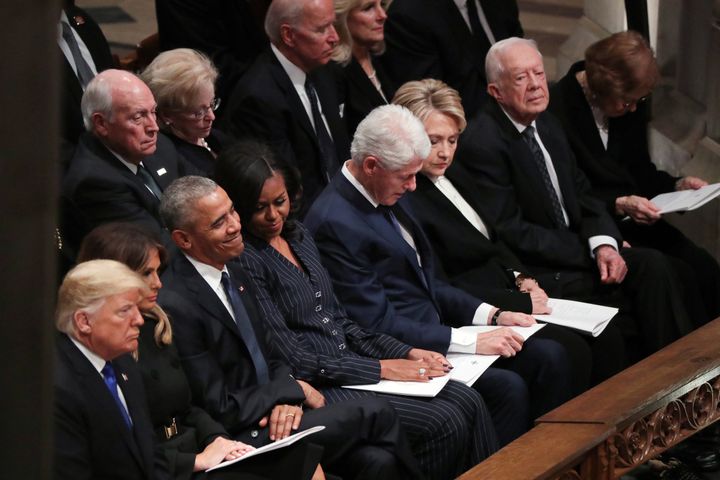 President Trump sits with former presidents Obama, Clinton and Carter at state funeral for former US President George HW Bush at Washington National Cathedral