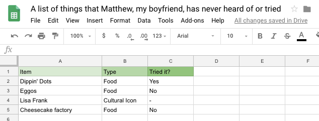 Lee made a spreadsheet to keep track of all the things Matthew has never heard of or tried: Dippin' Dots, Eggos, Lisa Frank and Cheesecake Factory. 