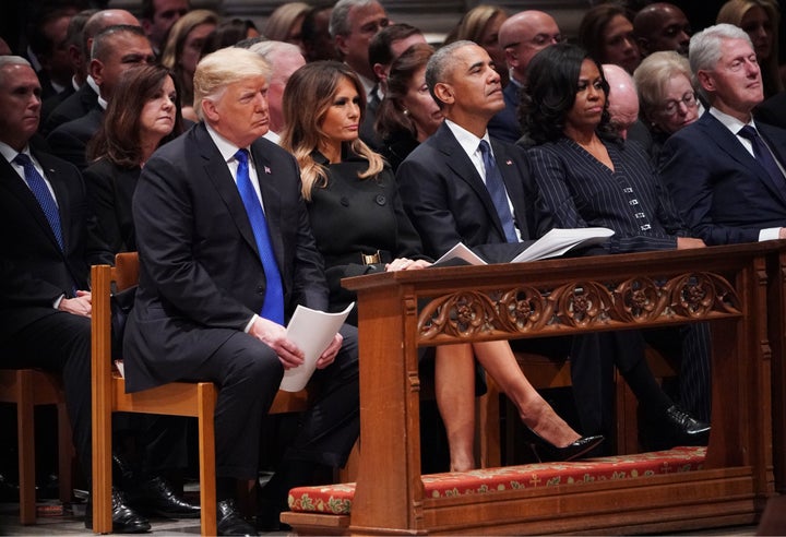 From left: President Donald Trump and first lady Melania Trump, former President Barack Obama, former first lady Michelle Obama and former President Bill Clinton are seen during a service for former President George H.W. Bush on Wednesday.