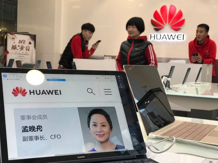 A profile of Huawei's chief financial officer Meng Wanzhou is displayed on a Huawei computer at a Huawei store in Beijing, Ch