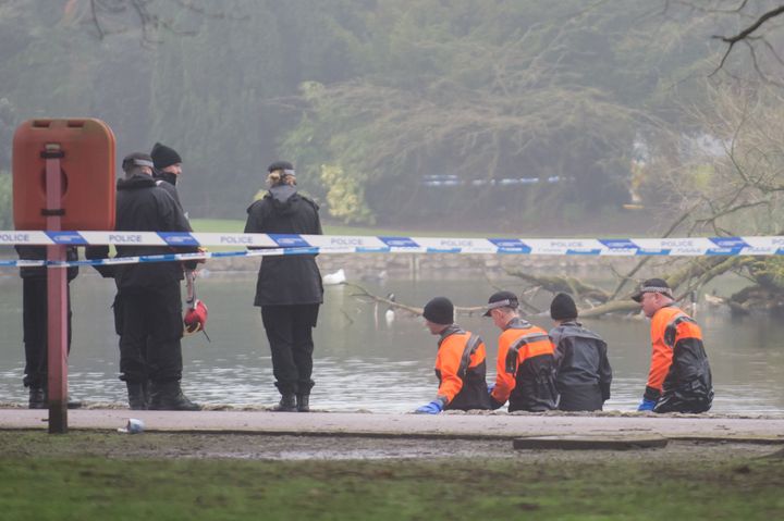 Police comb the area where Viktorija Sokolova's body was found.