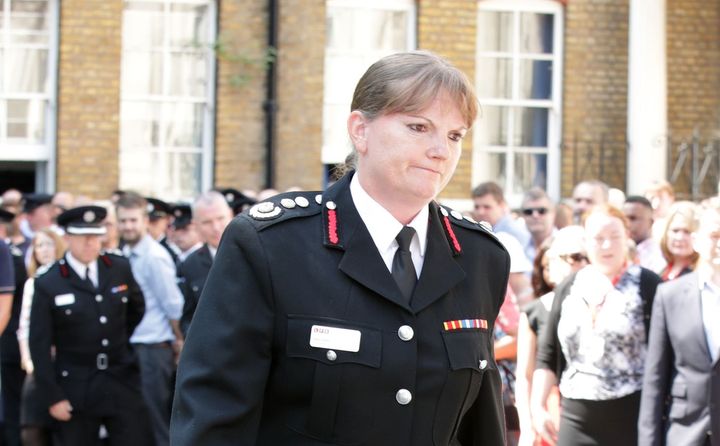 London Fire Brigade commissioner Dany Cotton joins firefighters and LFB staff at Winchester House, in central London, to observe a minute's silence in memory of those people who died at Grenfell Tower in 2017