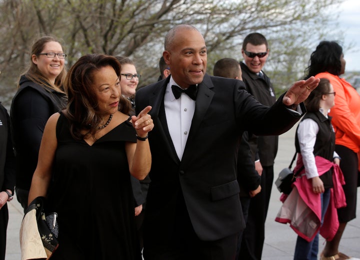 Former Massachusetts Governor Deval Patrick is seen at the John F. Kennedy Presidential Library and Museum in 2017 with his wife, Diane, who he said was recently diagnosed with Stage 1 uterine cancer.