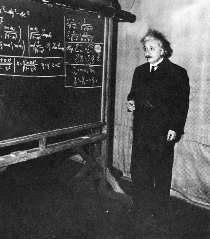 Theoretical physicist Albert Einstein giving a lecture at the Carnegie Institute of Technology in Pittsburgh, 1934.