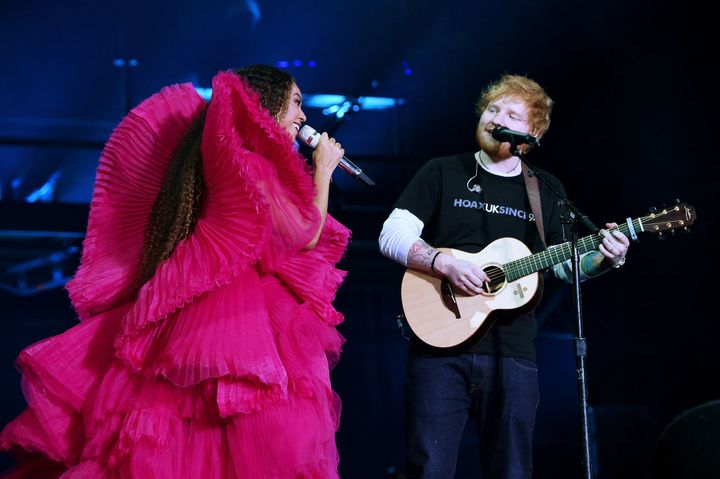 Beyoncé and Ed Sheeran perform during the Global Citizen Festival Sunday.
