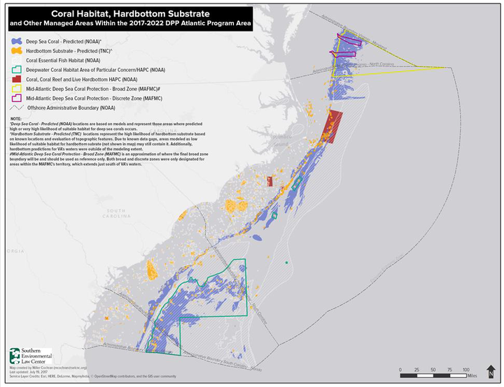 A 2017 map of predicted coral habitat and hard-bottom substrate off the coast of the southeastern United States.