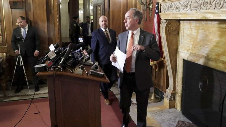 Wisconsin State Assembly Speaker Robin Vos, shown at a news conference this week in the state capitol, defended the Republican-led legislature’s work to reduce executive powers before the new governor, a Democrat, is sworn in. “Our proposals guarantee that the legislature always has a seat at the table,” he said in a statement. 