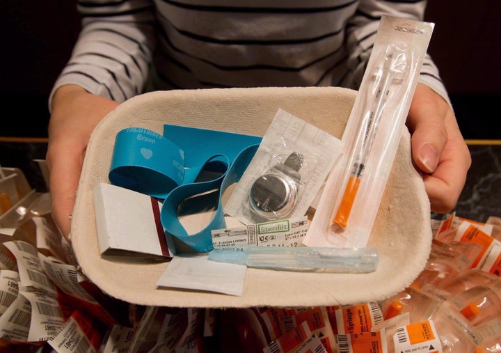 A tray of supplies at the Insite supervised injection clinic in Vancouver, Canada, where people are permitted to inject illicit drugs in the presence of medical staff.