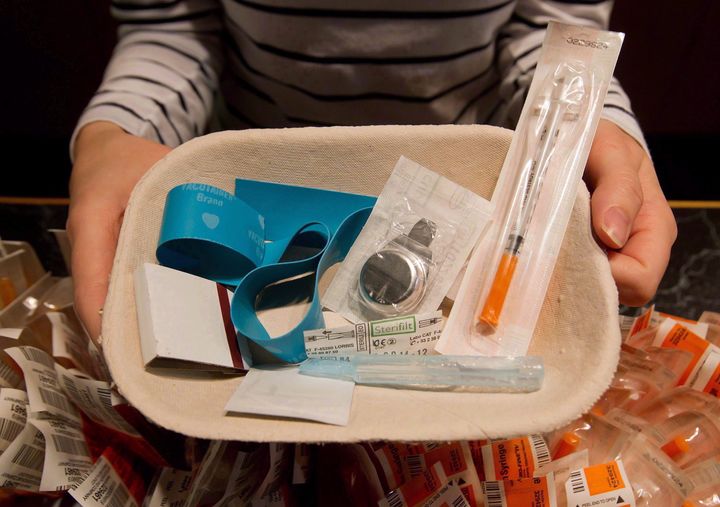 A tray of supplies at the Insite supervised injection clinic in Vancouver, Canada, where people are permitted to inject illicit drugs in the presence of medical staff.