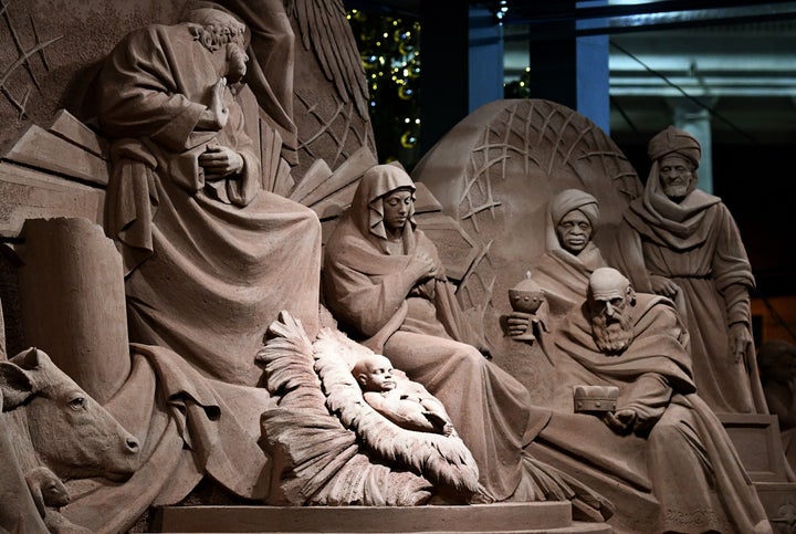 The life-sized nativity scene was designed by Rich Varano, a professional sand artist.