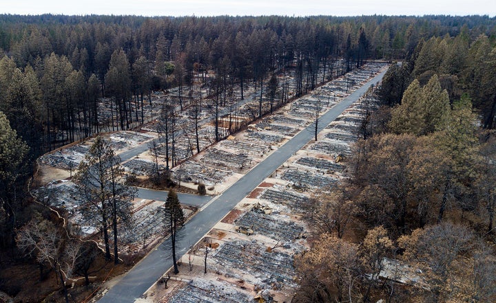 Homes leveled by the Camp fire in a mobile home park in Paradise, California, Dec. 3, 2018. The blaze was the world's costliest natural disaster last year, at $16.5 billion in losses, according to Munich Re.