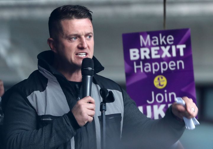 Tommy Robinson addresses the rally after taking part in a "Brexit Betrayal" march organised by Ukip in central London.