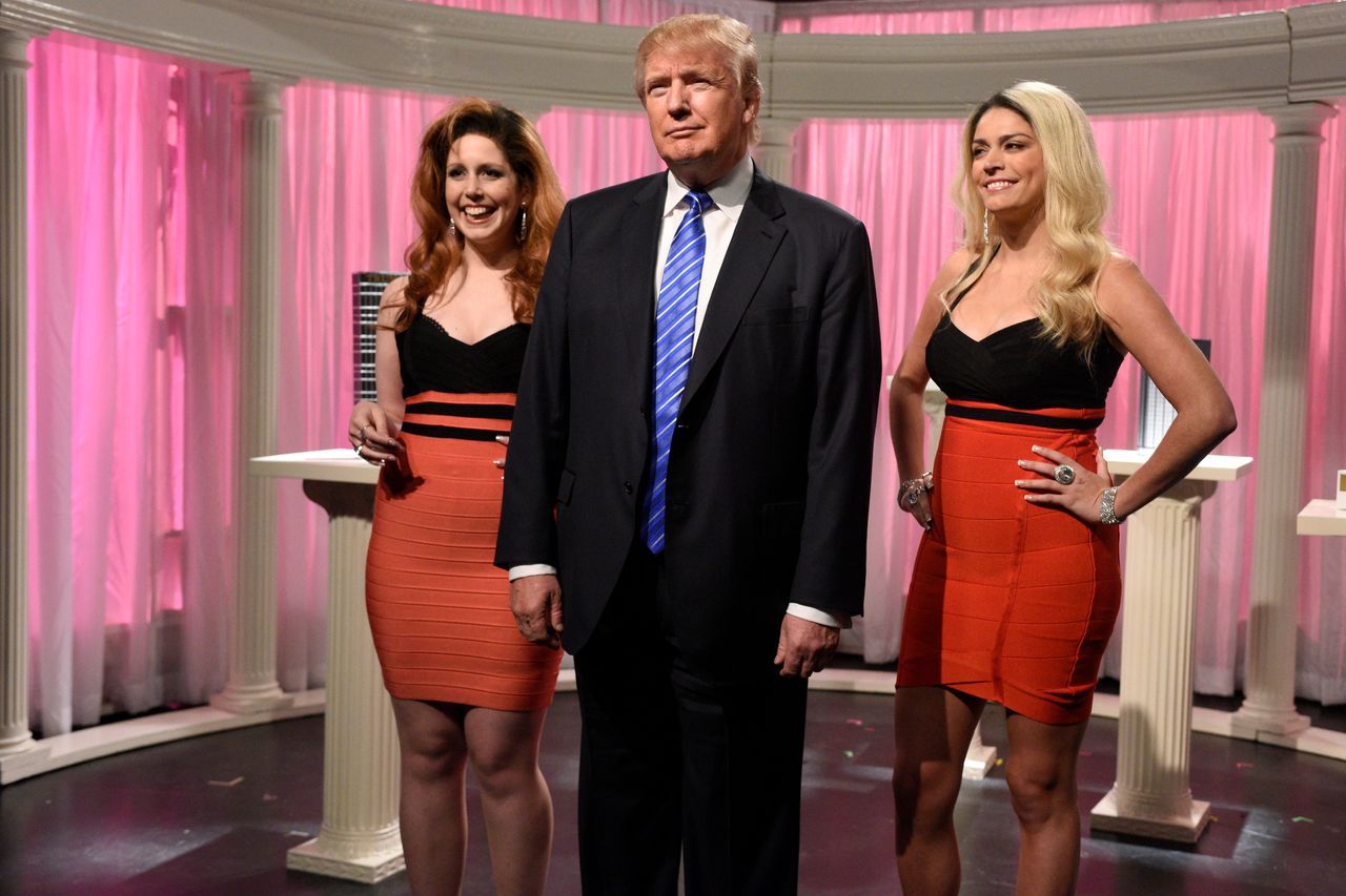 Vanessa Bayer, Donald Trump and Cecily Strong during the Nov. 7, 2015, "Porn Stars" sketch on "Saturday Night Live."