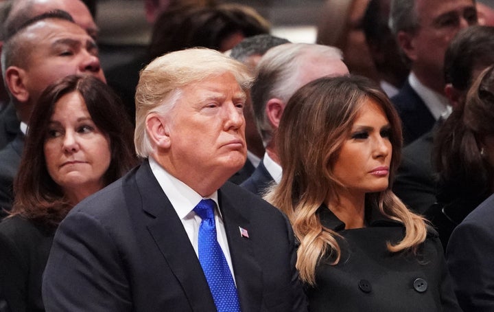 President Donald Trump and first lady Melania Trump are seen at the National Cathedral in Washington, D.C., during a fun